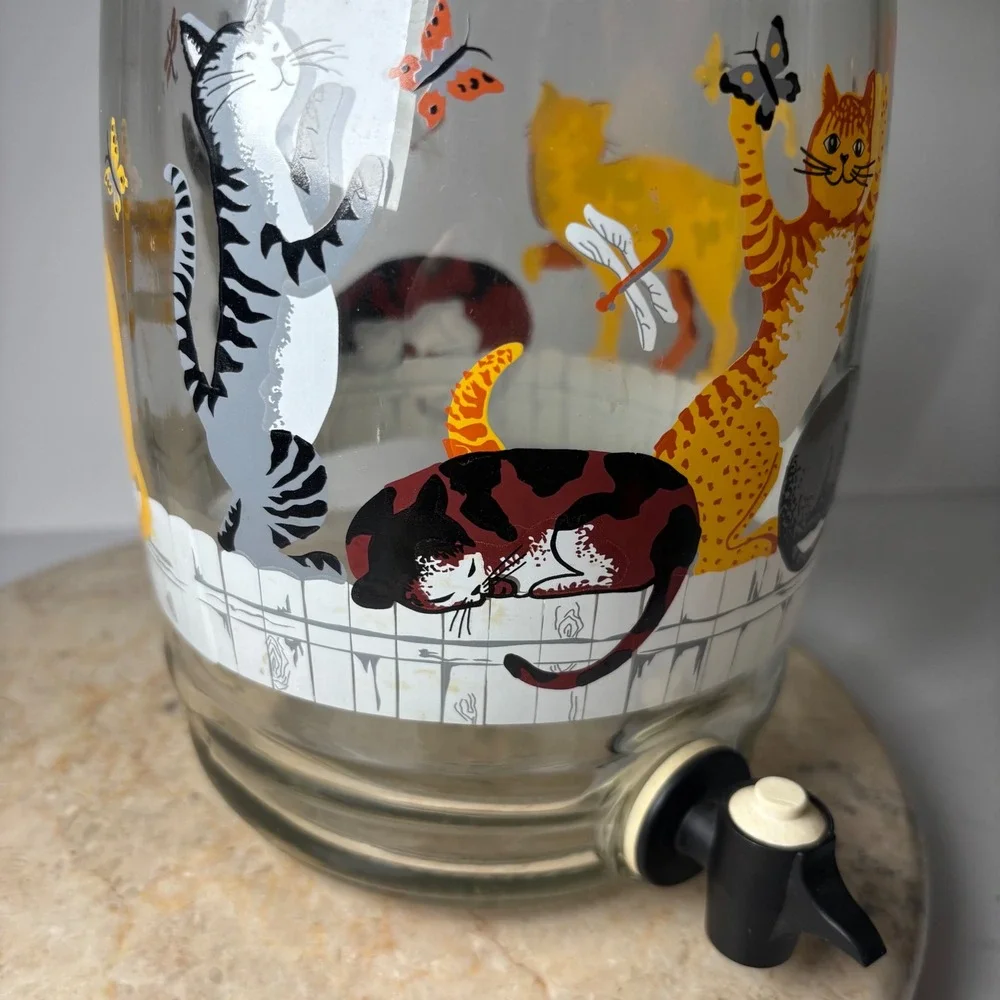Vintage MCM Anchor Hocking Glass Cats on Fence Drink Dispenser Retro Kitsch 1 Ga